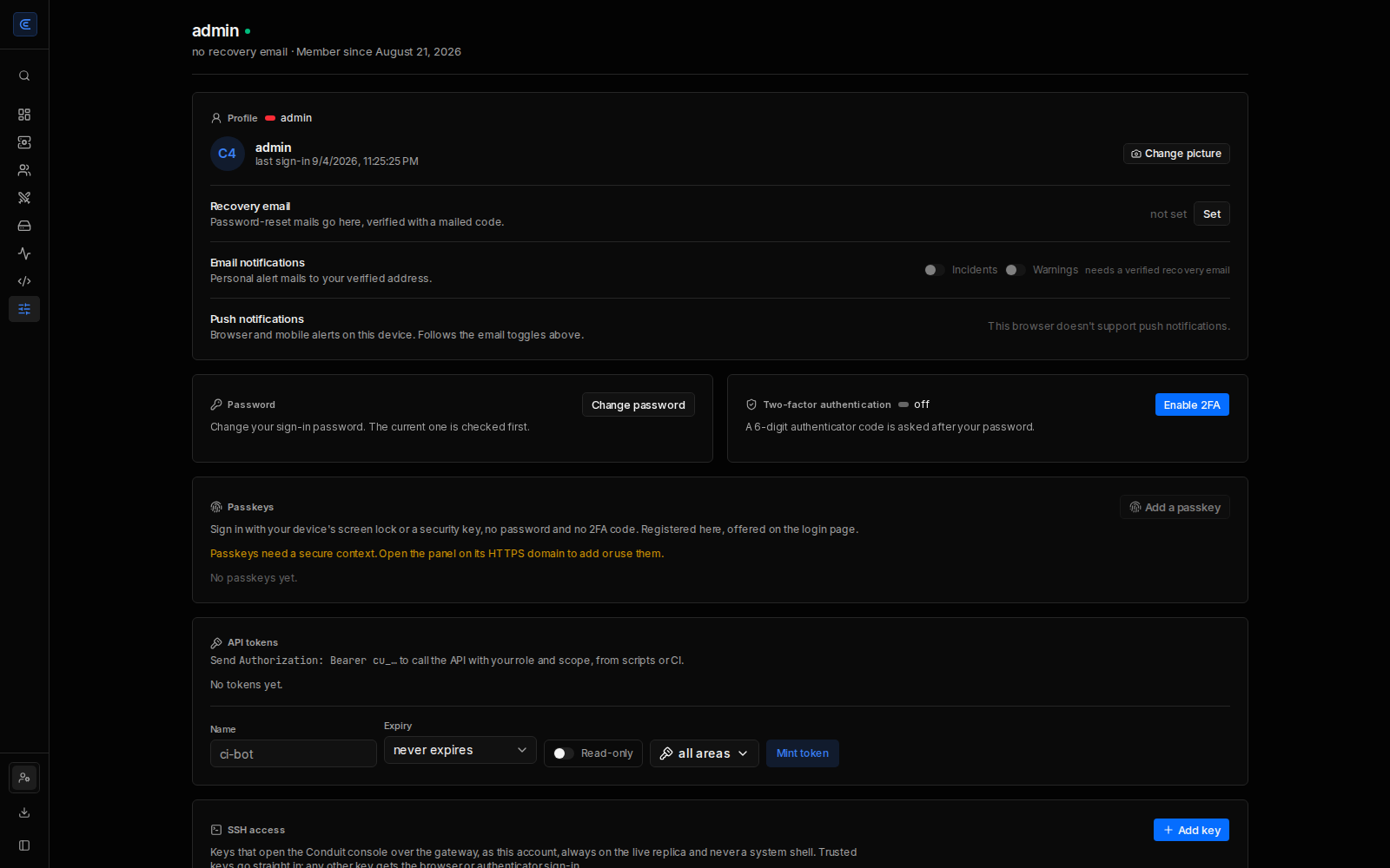 My account , password, passkeys, second factor, API tokens and the SSH key, changed on the cluster that keeps the account