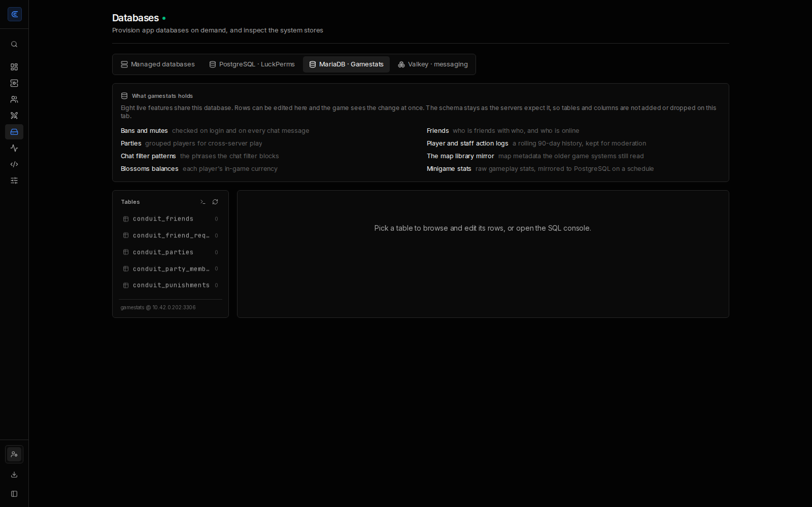 Databases, the MariaDB tab , the game statistics store, browsed table by table without leaving the panel