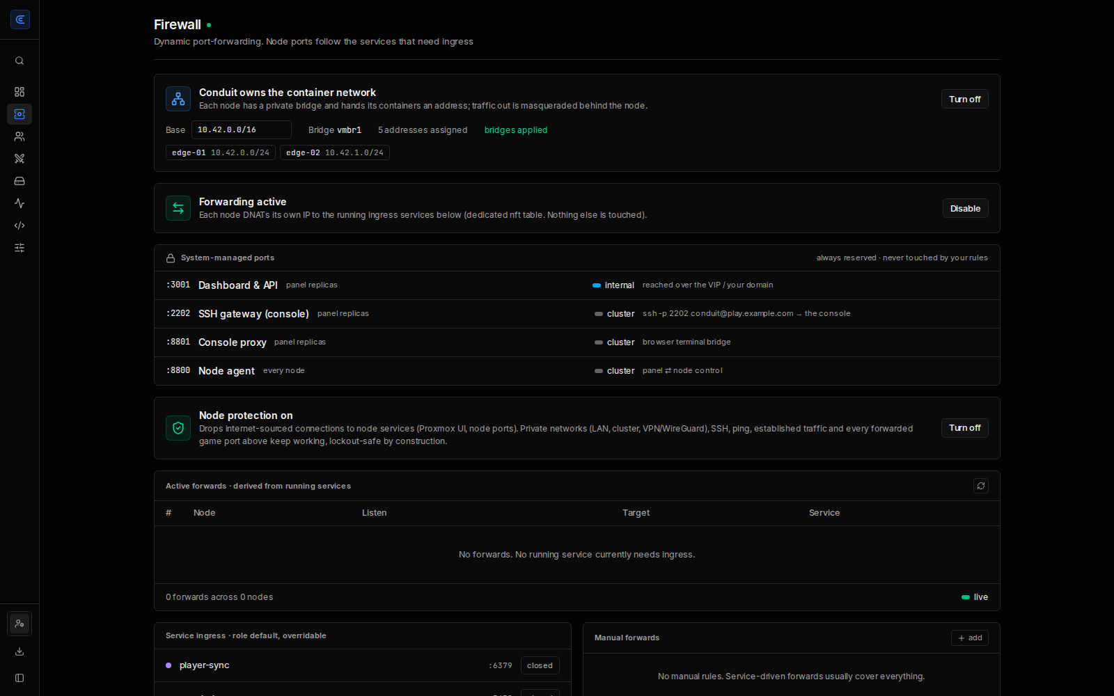Port forwarding and node protection, applied per node as nftables rules