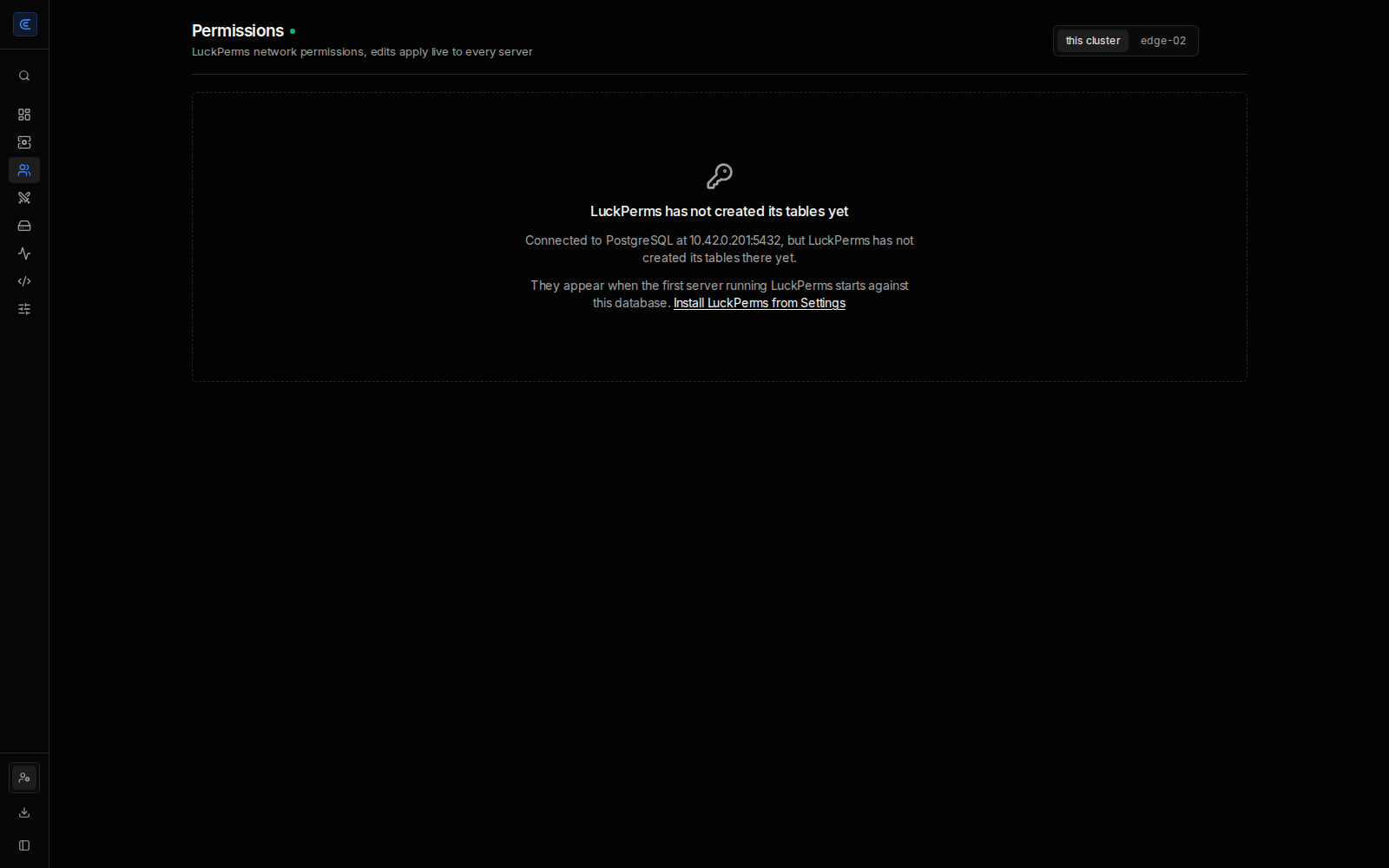 In-game permissions , LuckPerms groups and players, with the cluster switch that asks a joined cluster's panel for its own tables
